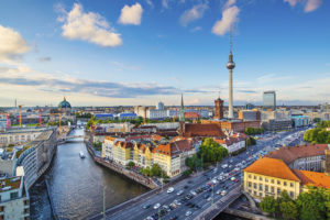 Berlin, Germany skyline over the Spree River.